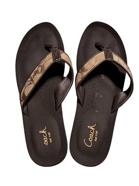 Coach Brown and Tan Signature Canvas Thong Sandals